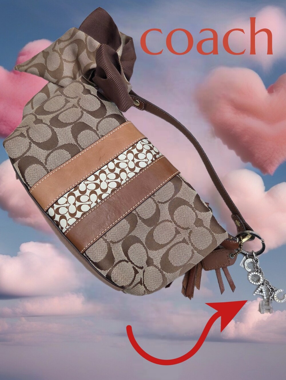 Coach Signature C Monogram canvas Bag with Charm and bow